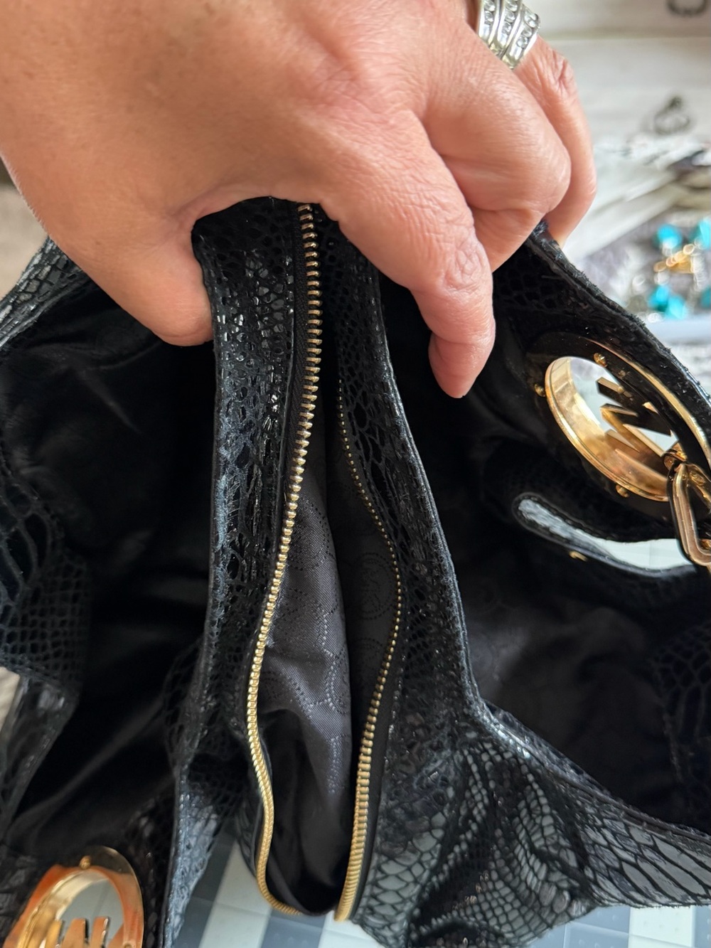 Michael Kors Black Patent Snake-Embossed Shoulder Hobo with Gold Hardware - Picture 3 of 8